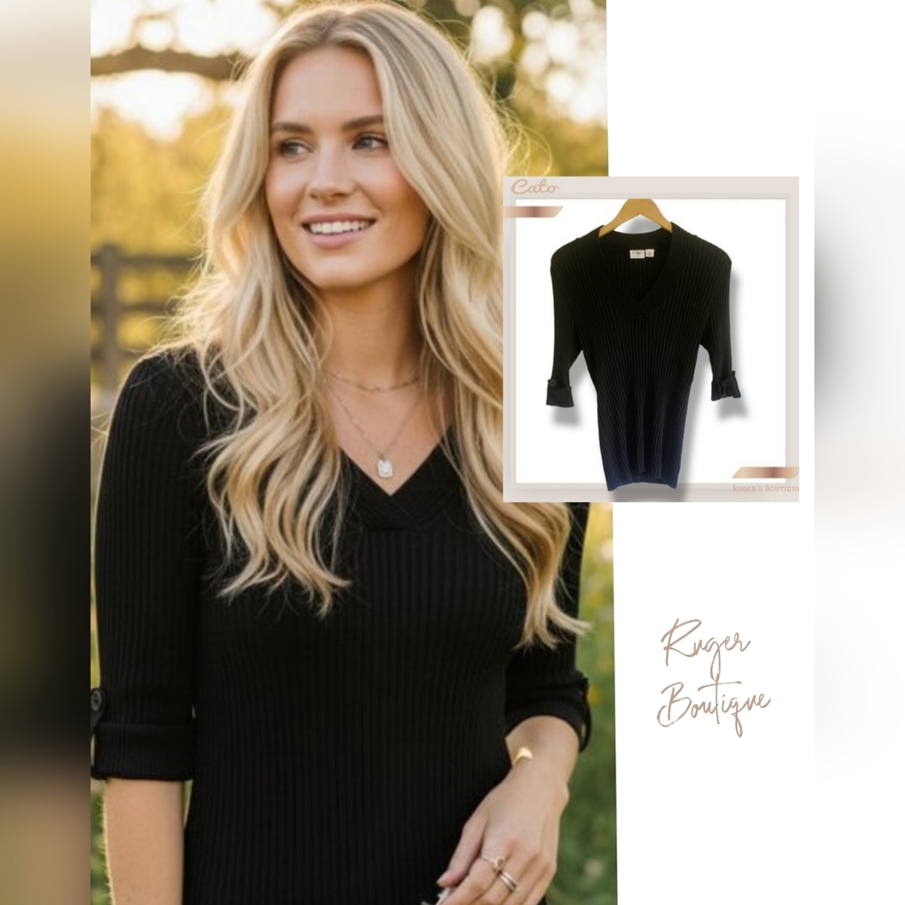 🌿Cato Black Ribbed V-Neck Top Knit 3/4 Sleeve Shirt M/L